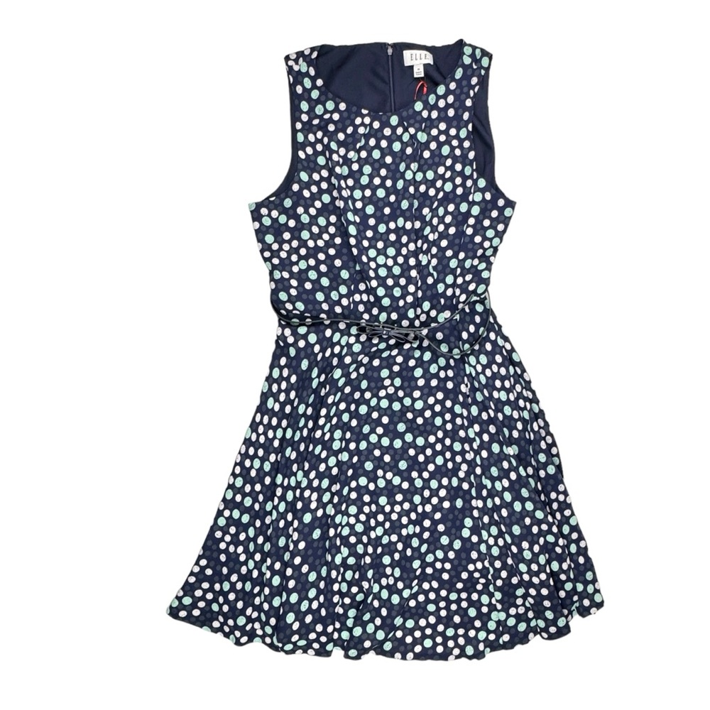 ELLE Sz 16 Tropic Fresh Fit & Flare Dress Sleeveless Polka‎ Dot Belted NWT $60